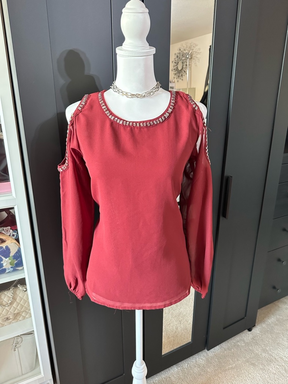 Buckle Black Burgundy Beaded Cold Shoulder Blouse XS